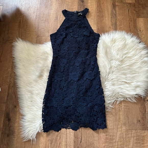 LULU’S Love Poem Navy Blue Lace Mini Dress - Picture 4 of 5